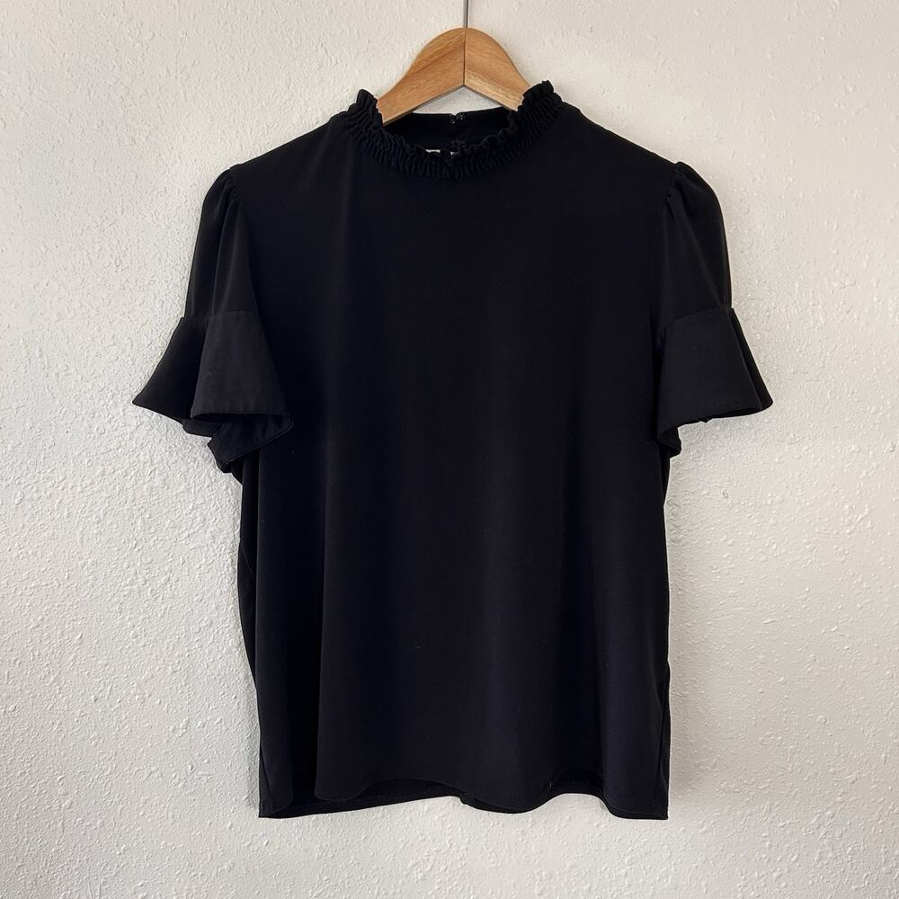 Laundry by Shelli Segal Black Ruffle Sleeve Mock Neck Blouse Knit Size M